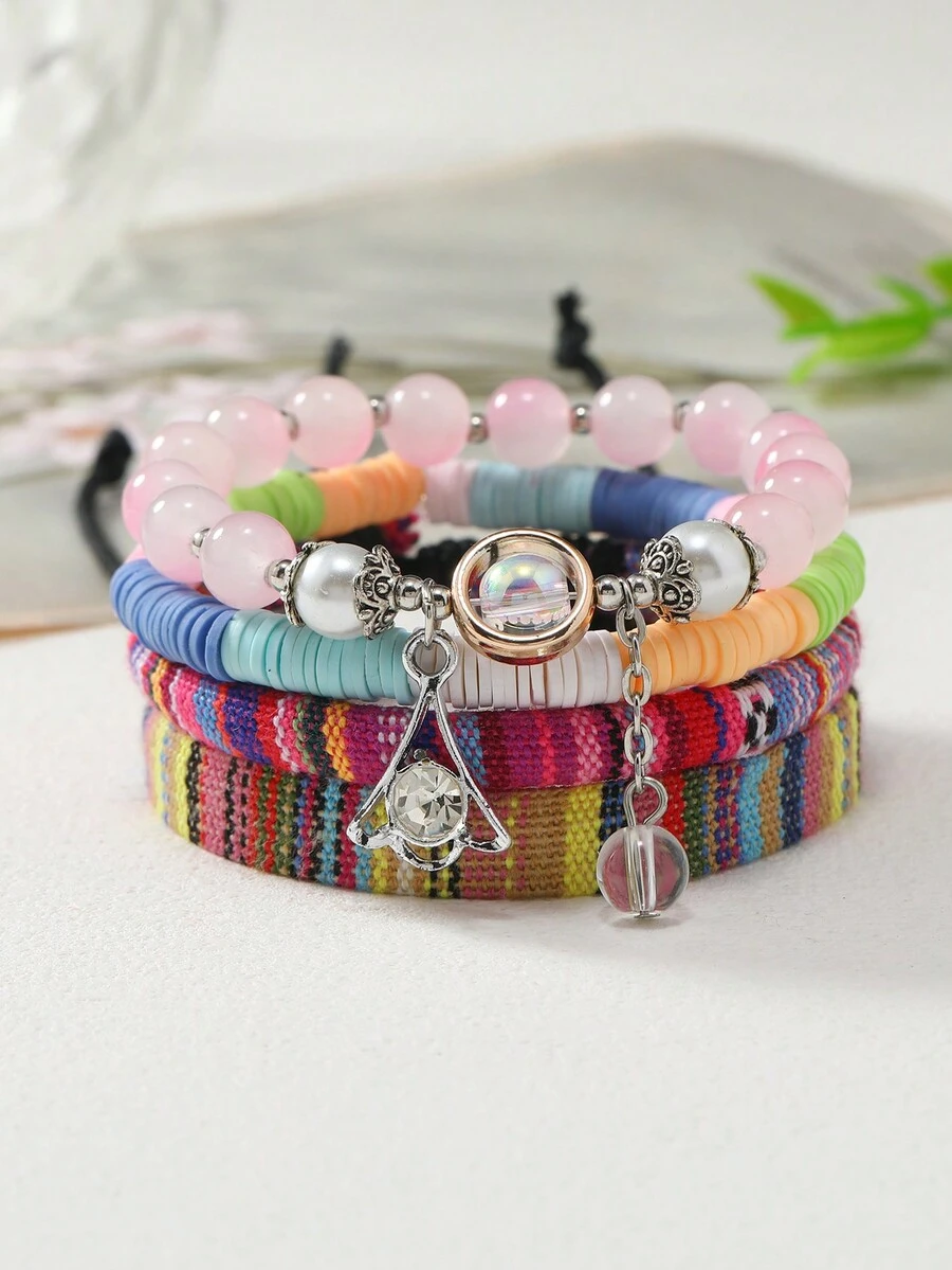 1 套多色復古風格手工編織串珠皮革組合 4 件/套時尚百搭女士手鍊 - 多色4 件套女士手環 - 查看 1