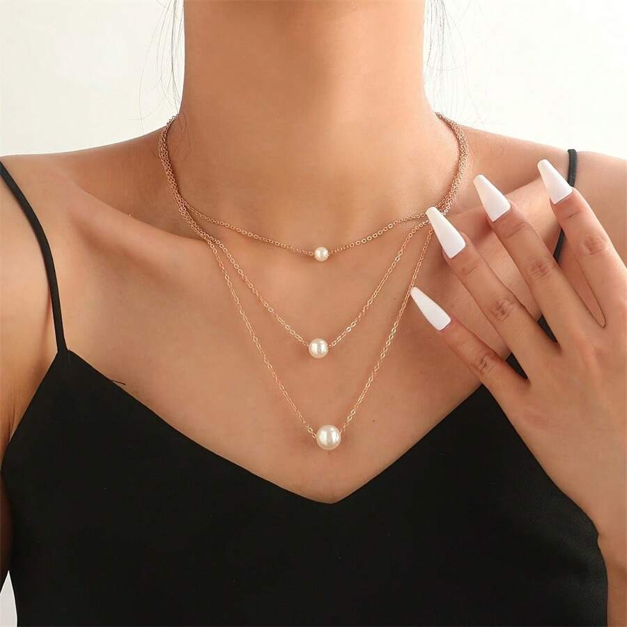 Simple Faux Pearl Necklace Multi-Layer Necklace Fashion Collarbone Chain Necklace - Silver - View 1