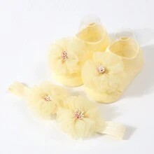 1件實色花裝飾嬰兒頭箍+1對公主防滑學步船襪