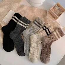 5 Pairs Random Minimalist Double Striped Collegiate Style Warm Wool Blend Mid-Calf Socks For Men, Suitable For Snow Boots Oversized Socks - Multicolor - View 1