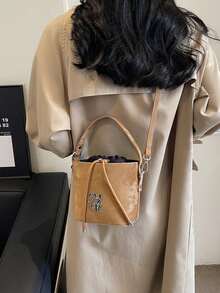 時尚復古風格字母裝飾水桶包,抽繩肩帶小圓包,卡其色pu皮革,情人節禮物,斜挎包 - 卡其色 - 查看 5