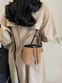 時尚復古風格字母裝飾水桶包,抽繩肩帶小圓包,卡其色pu皮革,情人節禮物,斜挎包 - 卡其色 - 查看 6