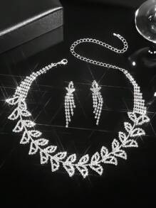 Gorgeous Retro Palace Leaf Crystal Rhinestone Necklace Earrings Set For Wife Wedding Anniversary Girl Friend Valentines Gift 3 In 1,Mom,Mother,Mother's Day,Gift