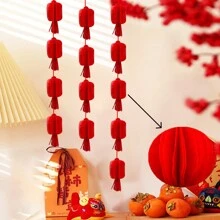 新品到貨12入組蜂窩3d紙燈籠帶絲帶,適用於創意窗戶展示和派對裝飾 - 紅色 - 查看 1