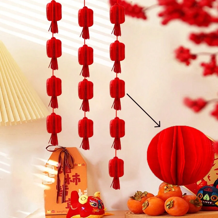 新品到貨12入組蜂窩3d紙燈籠帶絲帶,適用於創意窗戶展示和派對裝飾 - 紅色 - 查看 1