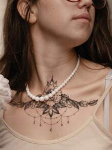 Large Size Chest Tattoo Sticker With Flower & Tassel Pendant Design, For Chest/Abdomen/Back, 1pc/Pack - Black - View 2