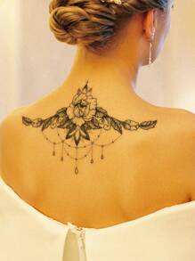 1張大型胸腹背部臨時紋身貼紙,花朵,流蘇和吊墜設計 - 黑色 - 查看 2