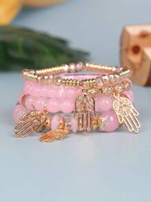 4入組波西米亞風格的多層玻璃珠手鍊,可調節大小的粉色手工首飾,帶有手掌形吊墜
