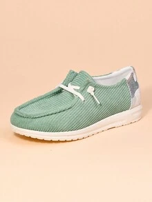 女士新款时尚平底休闲运动鞋，圆头、低帮、高鞋面、交叉绑带，柔软舒适透气轻便帆布鞋 - 綠色 - 查看 4