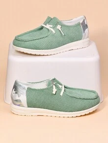 女士新款时尚平底休闲运动鞋，圆头、低帮、高鞋面、交叉绑带，柔软舒适透气轻便帆布鞋 - 綠色 - 查看 1