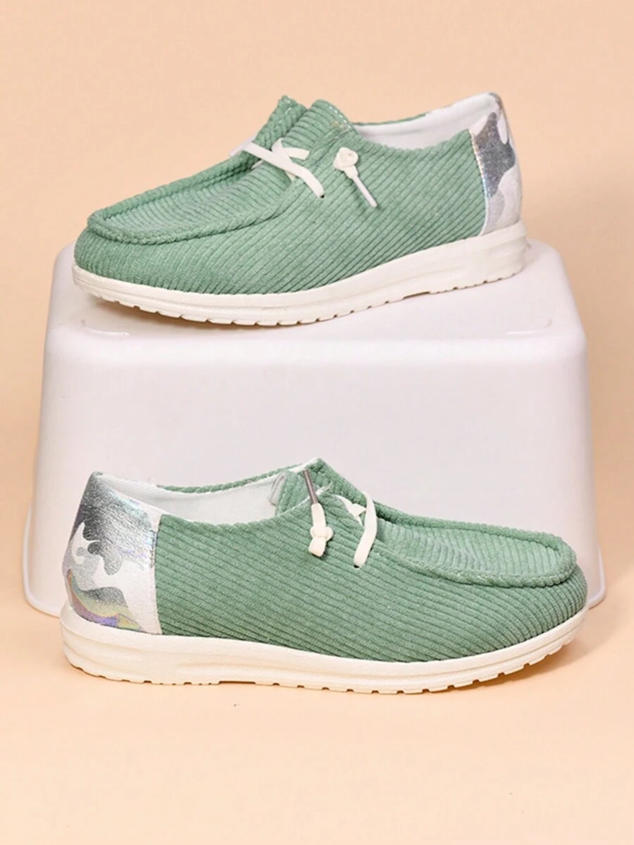 女士新款时尚平底休闲运动鞋，圆头、低帮、高鞋面、交叉绑带，柔软舒适透气轻便帆布鞋 - 綠色 - 查看 1