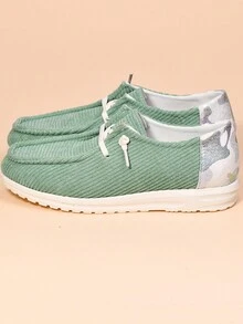 女士新款时尚平底休闲运动鞋，圆头、低帮、高鞋面、交叉绑带，柔软舒适透气轻便帆布鞋 - 綠色 - 查看 2