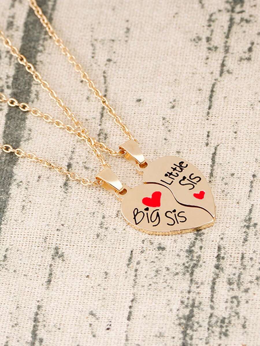 2入組姊妹心形分割吊墜項鍊套裝,時尚簡約金色姊妹珠寶禮物,最好的朋友 - 金色 - 查看 1