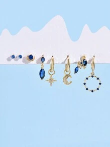 1 Set Of 8pcs Blue Gemstone Stud Earrings Set In Simple Star And Moon Design, Suitable For Women'S Wear On Dates, Parties, Daily Commuting Etc.