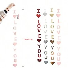 Valentine'S Day Decoration, Flower & Ribbon Garland With I Love You Paper Pendant, Wedding & Party Decor - Gold - View 2