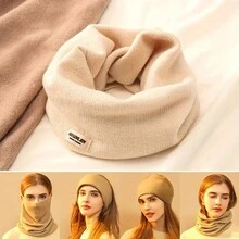 Solid Color Hanging Ear Knit Neck Gaiter Stylish Soft Warm Headband Mask Autumn Winter Coldproof Elastic Beanie Hat - Beige - View 1