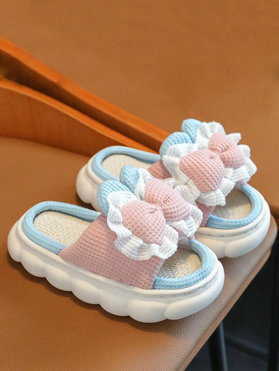 Adorable Bowknot Design Toddler Kids' Linen Slippers With Thick Sole, Indoor Anti-Skid Baby Girls' Home Shoes For Spring & Autumn - Pink - View 1