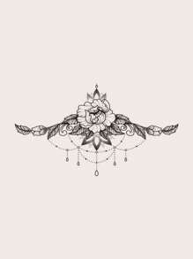 1張大型胸腹背部臨時紋身貼紙,花朵,流蘇和吊墜設計 - 黑色 - 查看 7