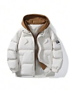 男士連帽裝飾長袖拼接雙穿外套 - 米色 - 查看 1