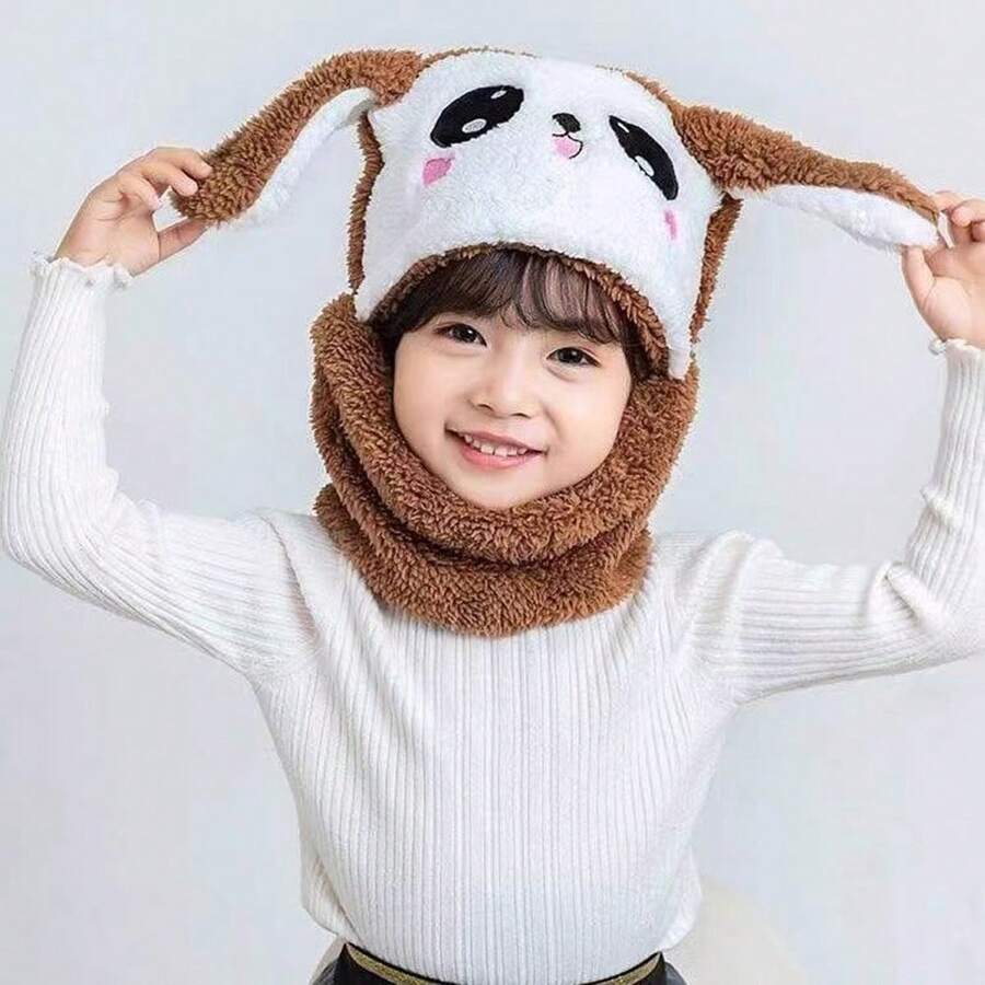 兒童帽子_卡通兔耳暖耳帽圍巾套裝,冬季必備 - 咖啡棕 - 查看 1