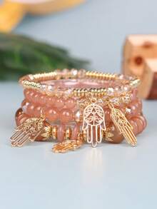 4入組波西米亞風格咖啡色玻璃手鍊,多層設計,手掌形吊墜,可調整大小,手工首飾 - 咖啡 - 查看 2