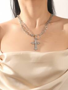 1 Pc Fashionable And Exquisite Rhinestone Cross Pendant Double -Layer Necklace Ladies Daily Life - Silver - View 3