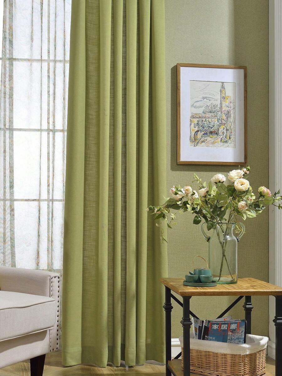 1pc Olive Green Semi-Blackout Solid Color Curtain - Green - View 1