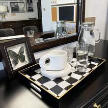 Vintage Chessboard Pattern Waterproof Rectangle Serving Tray For Dining Table Or Tea Table, Ins Highly Attractive - Black and White - View 8