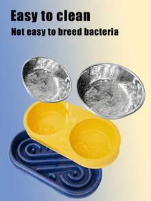 1套雙層不銹鋼貓狗食品碗,具有慢速進食設計和水分配器,寵物用品 - 黃色 - 查看 3