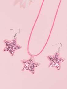1套情人節甜美可愛粉紅色心形和五角星設計閃亮吊墜項鍊和耳環首飾套裝,適用於女性