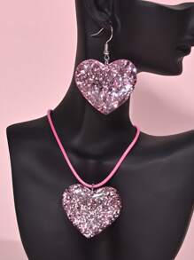 1套情人節甜美可愛粉紅色心形和五角星設計閃亮吊墜項鍊和耳環首飾套裝,適用於女性