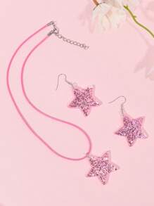 1套情人節甜美可愛粉紅色心形和五角星設計閃亮吊墜項鍊和耳環首飾套裝,適用於女性