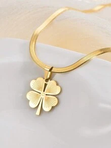 VceTd 1pc Stainless Steel Necklace With Yellow Four Leaf Clover Pendant - Yellow Gold - View 5