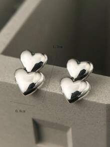 1 对时尚女士小巧可爱双心耳钉，简约风格，亮银色，适合工作或休闲装，学校，甜美，酷女孩风格，个性化耳饰礼物，适合化装舞会或日常佩戴，可作为装扮的点缀 - 銀色 - 查看 3