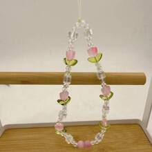 Ins Pink Tulip & Beaded Girl Phone Chain, Phone Case Accessory, Bag & Camera Charm Pendant