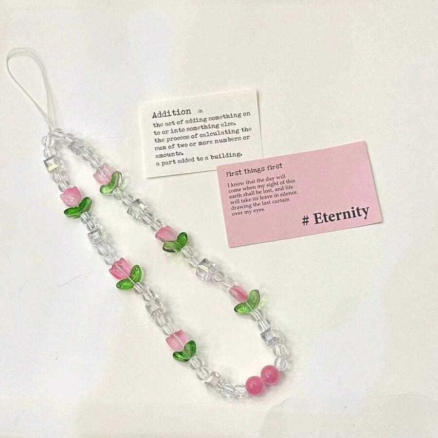 Ins Pink Tulip & Beaded Girl Phone Chain, Phone Case Accessory, Bag & Camera Charm Pendant