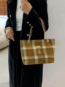 採用毛呢面料和多種材質製成的時尚女包,擁有多種風格,包括斜挎包、肩背包、手提包和經典手提包等款式；配有金屬鹿吊飾和鍊子、彩色格紋圖案,適合休閒、工作和復古風格 - 彩色 - 查看 7