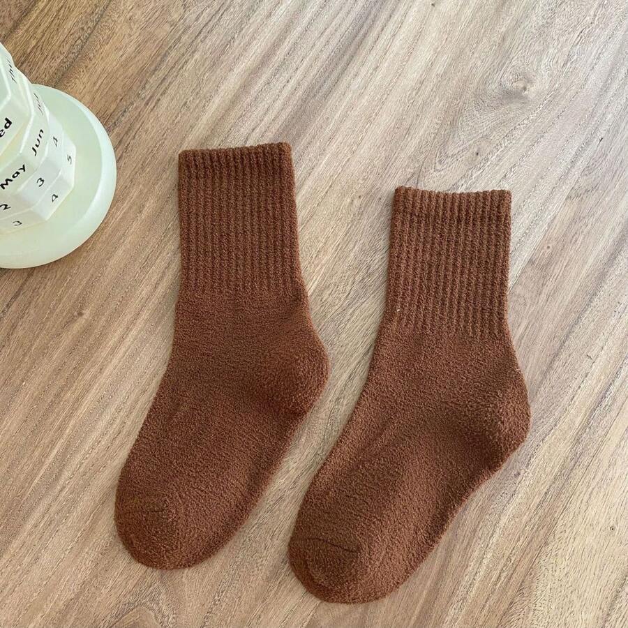 加厚保暖珊瑚絨卡通中筒冬季兒童襪,男女均適用 - 鏽棕色 - 查看 1