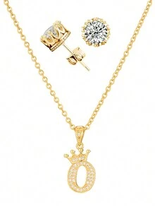 3入組時尚個性化o字母皇冠立體方鋯石耳環項鍊套裝,適合女士情人節禮物珠寶 - 金黃色 - 查看 10