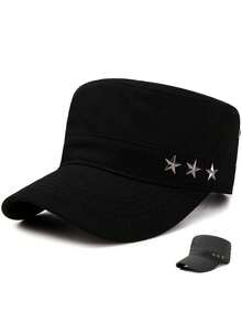 單色男士秋冬平頂帽，適用於戶外旅行大頭部或軍事帽1入 - 黑色 - 查看 5