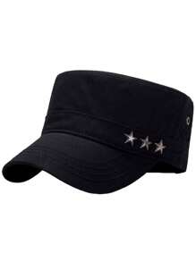 單色男士秋冬平頂帽，適用於戶外旅行大頭部或軍事帽1入 - 黑色 - 查看 1