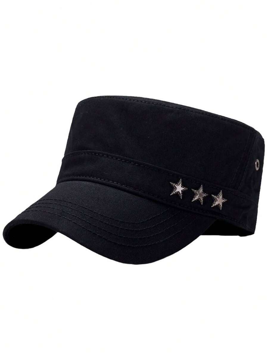 單色男士秋冬平頂帽，適用於戶外旅行大頭部或軍事帽1入 - 黑色 - 查看 1