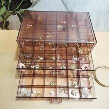 1pc 72 Grids Transparent Dustproof Jewelry Storage Box Display Organizer Suitable For Women's Dressing Room - Transparent Brown - View 1