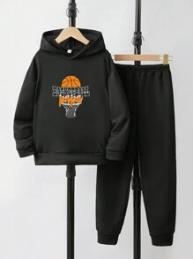 2入組/套青少年男孩卡通字母籃球運動連帽上衣和褲子套裝 - 黑色 - 查看 1