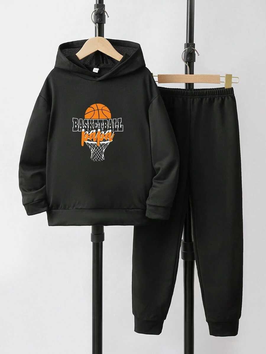 2入組/套青少年男孩卡通字母籃球運動連帽上衣和褲子套裝 - 黑色 - 查看 1