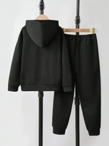 2入組/套青少年男孩卡通字母籃球運動連帽上衣和褲子套裝 - 黑色 - 查看 2