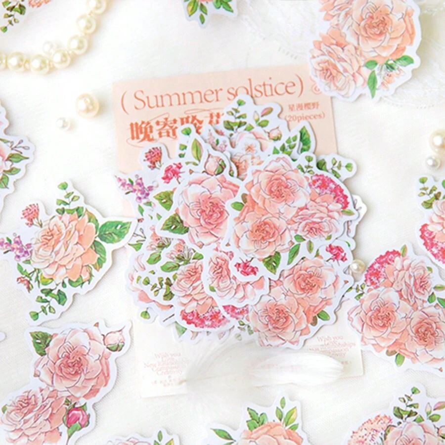 20入組花卉日記貼紙,裝飾拼貼diy手工藝材料,節日禮物,個性化創意相簿貼紙 - 西瓜粉 - 查看 1