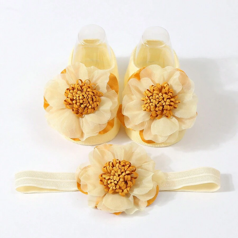 1個花裝飾頭帶和1對可愛船形寶寶防滑步行襪子 - 黃色 - 查看 1