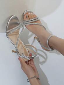 女士鑽石細帶涼鞋，開口式細高跟鞋，多功能時尚鞋款 - 銀色 - 查看 1