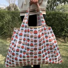 1pc Portable Strawberry Pattern Large Capacity Folding Shopping Bag, Foldable Bag, Printed Hand Storage Bag, Tote Bag Handbag Holiday EssentialsTravel Vacation Valentines Gift - Multicolor - View 4